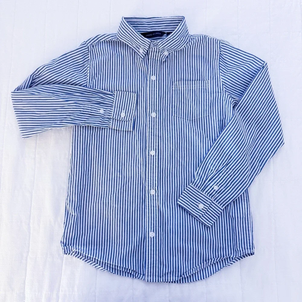 Janie And Jack Boys Size 8 Cotton Button Down  Shirt Long Sleeve Stripe Blue